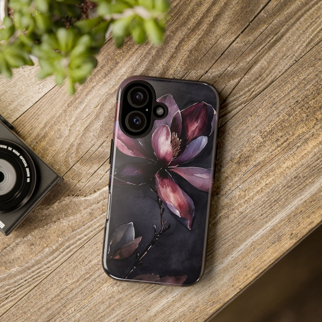 Floral Tough Phone Case — Dark Watercolor Magnolia Protective Cover