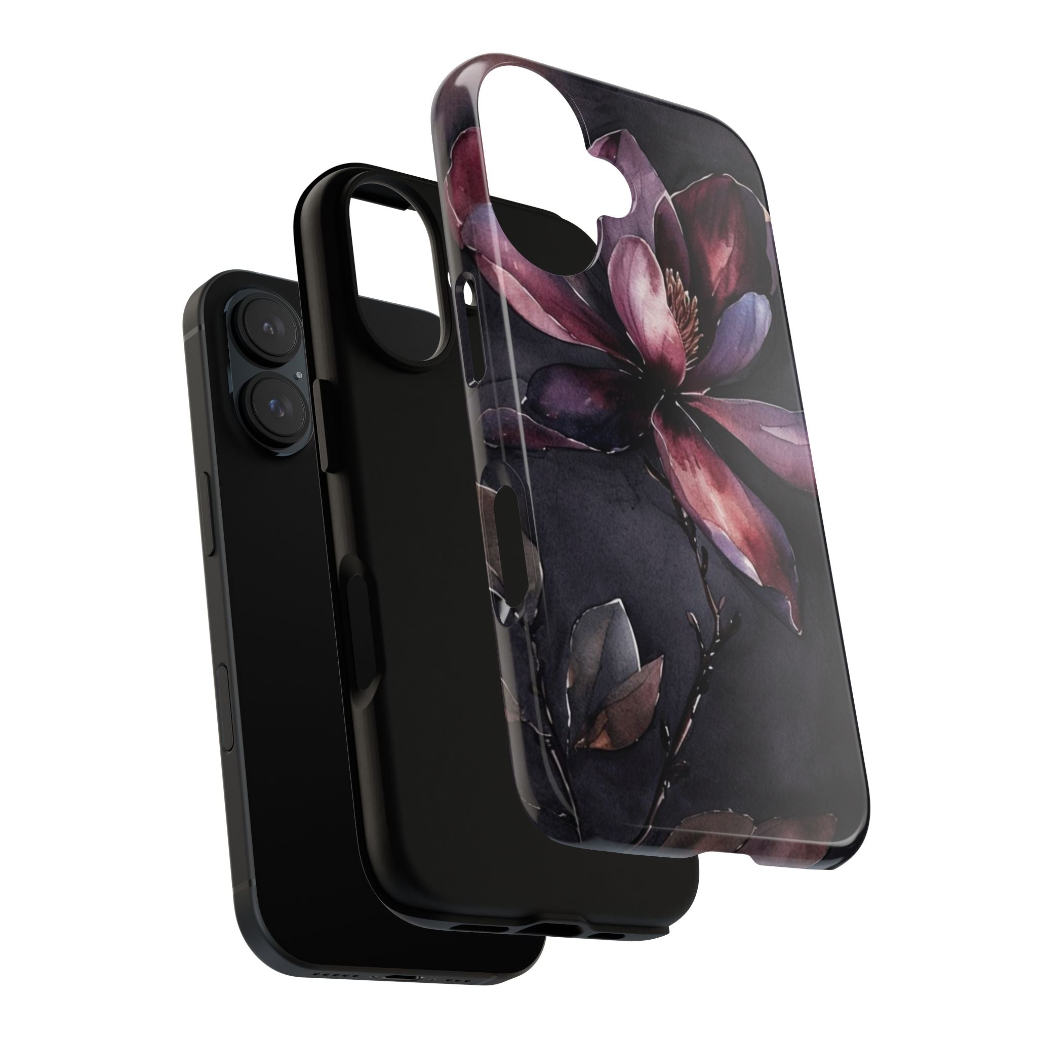 Floral Tough Phone Case — Dark Watercolor Magnolia Protective Cover