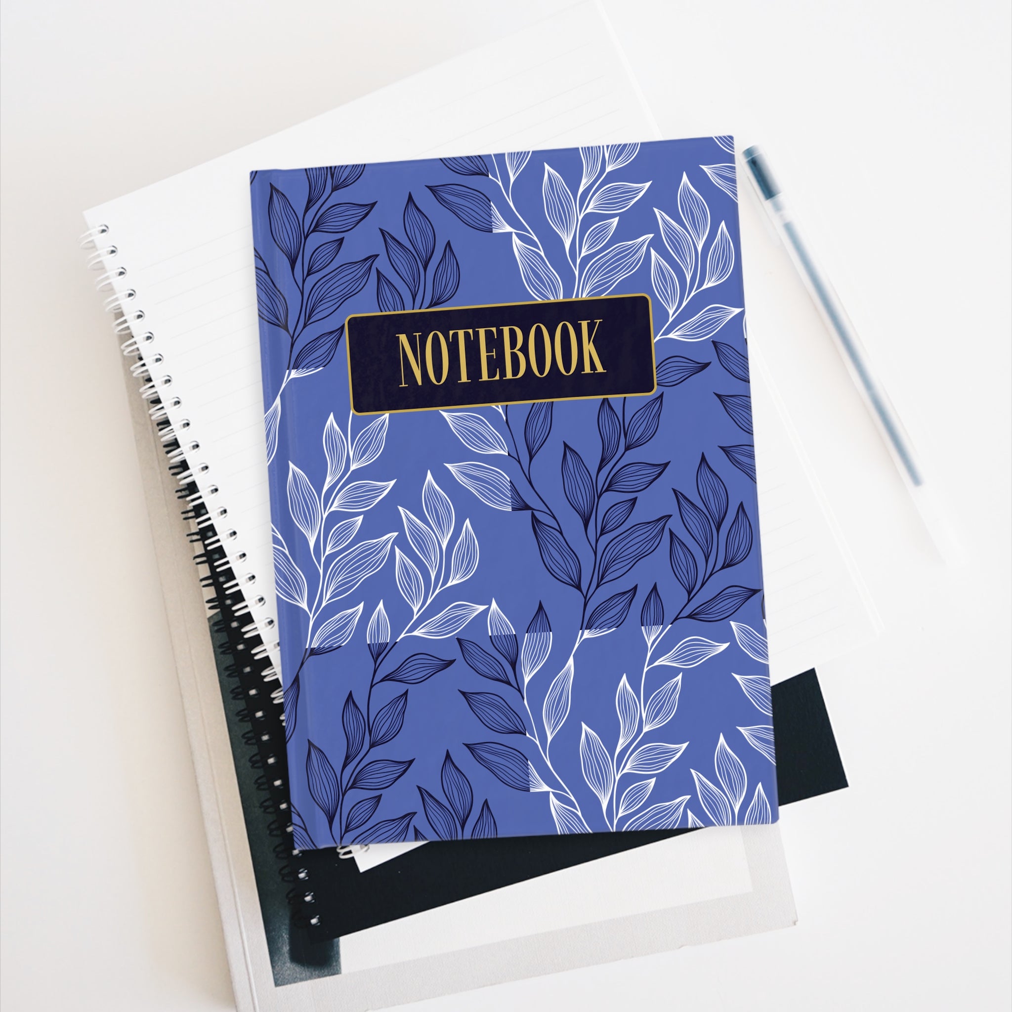 Floral Patchwork Notebook — Blue Botanical Journal with 'NOTEBOOK' Gold Label
