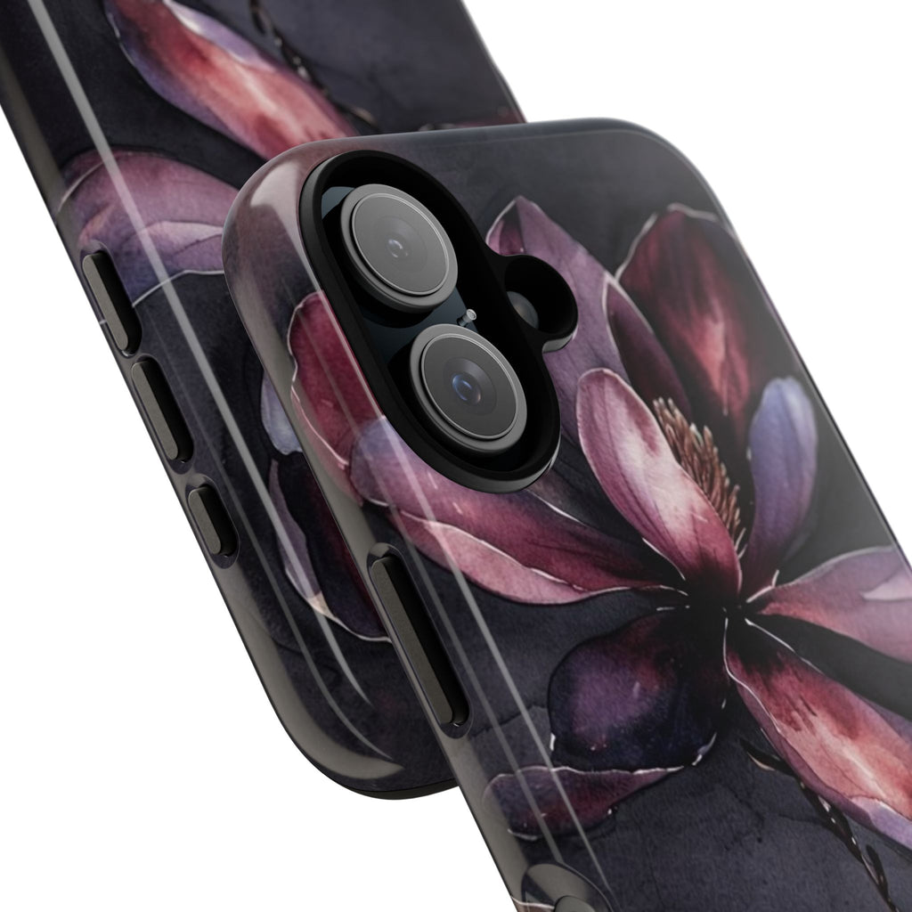 Floral Tough Phone Case — Dark Watercolor Magnolia Protective Cover