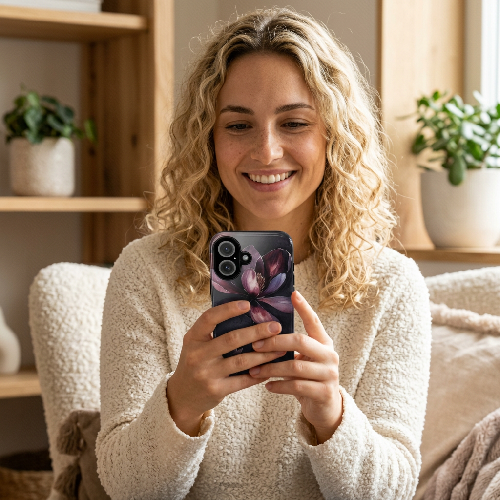 Floral Tough Phone Case — Dark Watercolor Magnolia Protective Cover