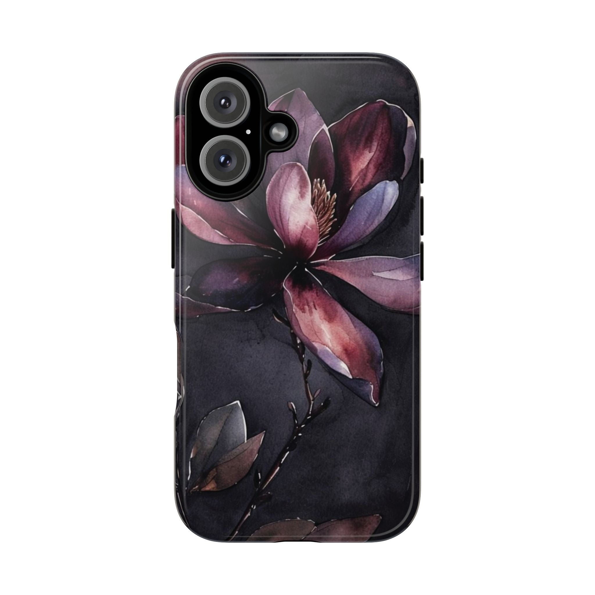 Floral Tough Phone Case — Dark Watercolor Magnolia Protective Cover