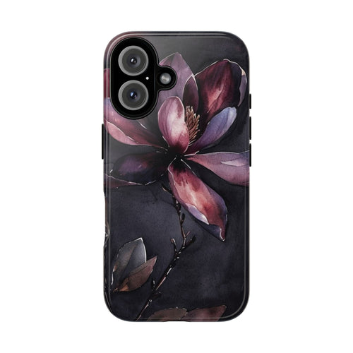 Floral Tough Phone Case — Dark Watercolor Magnolia Protective Cover